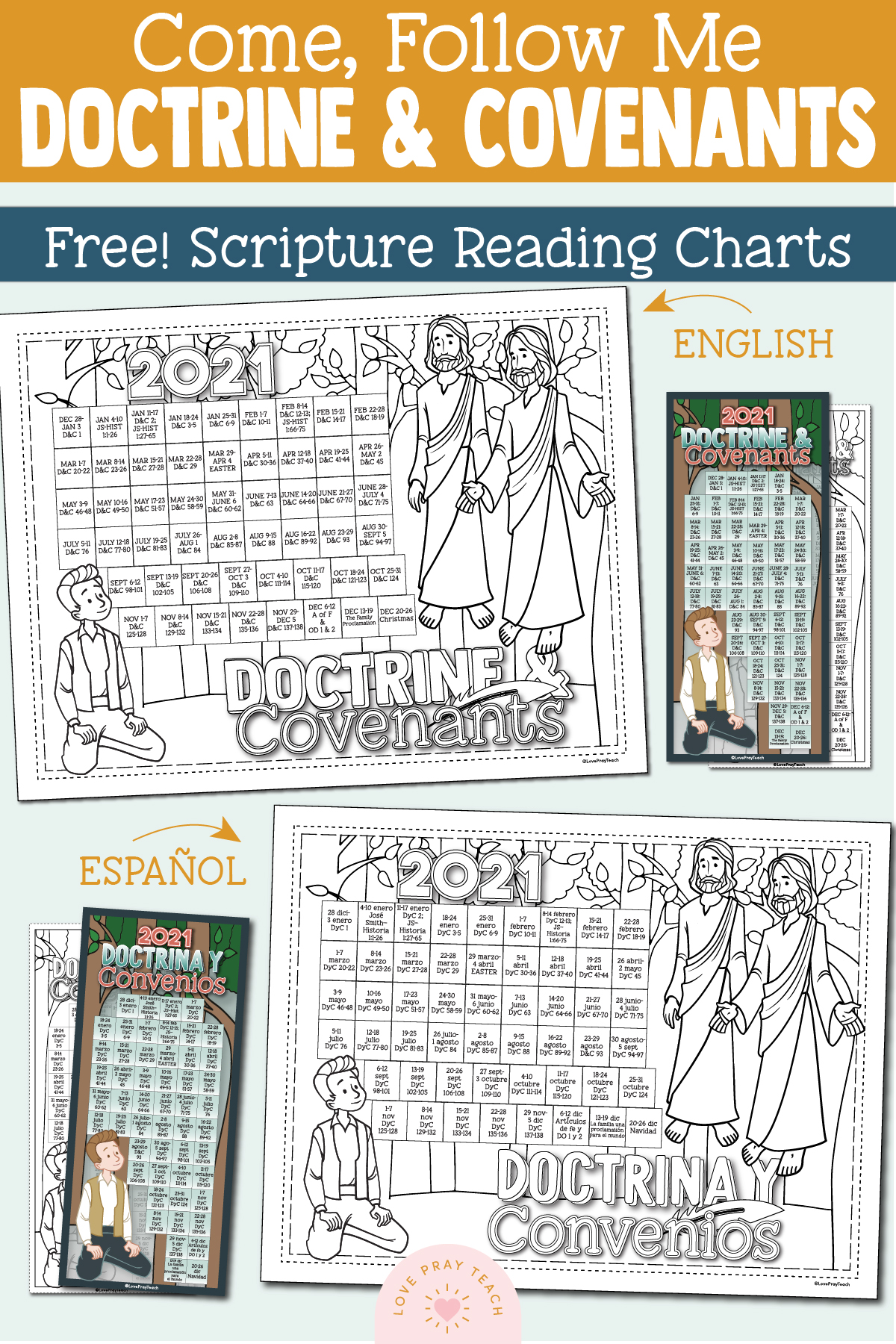 Free 2021 Doctrine and Covenants Scripture Reading Charts in English and Spanish www.LovePrayTeach.com